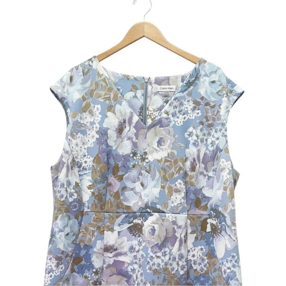 NWT Calvin Klein 22W Blue Floral Sheath Dress Plus Size Cap Sleeve Career